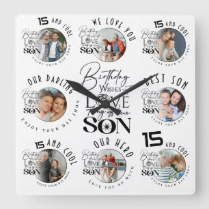 Horloge Carrée Anniversaire de Fils 8 Collage de Photos Typograph