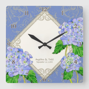 Horloge Carrée Anniversaire de mariage bleu d'hortensia de remous