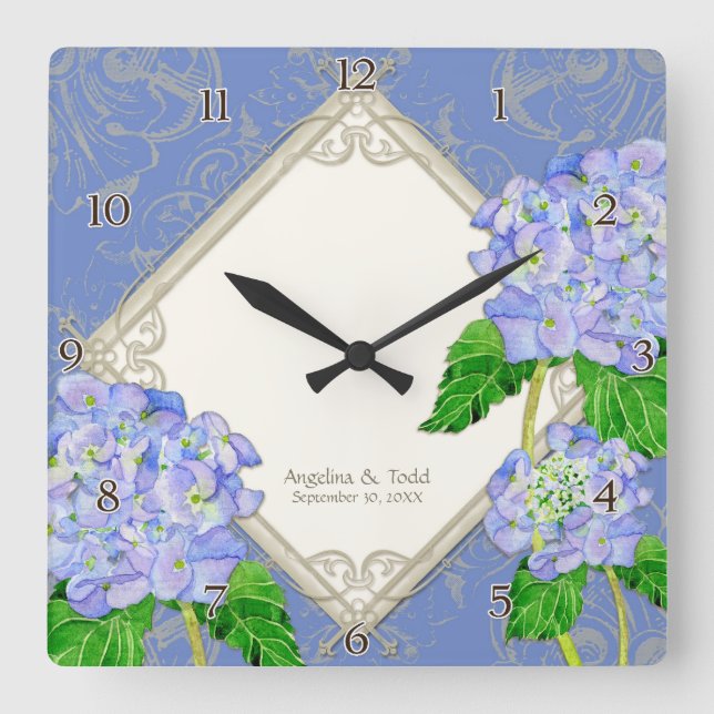 Horloge Carrée Anniversaire de mariage bleu d'hortensia de remous (Recto)