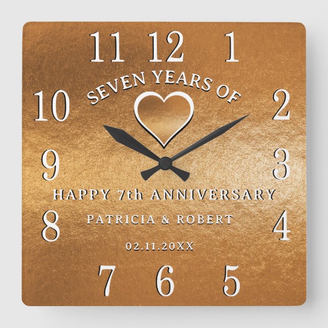 Horloge Carrée Anniversaire du cuivre 7 ans Mariage Anniversaire  (Recto)
