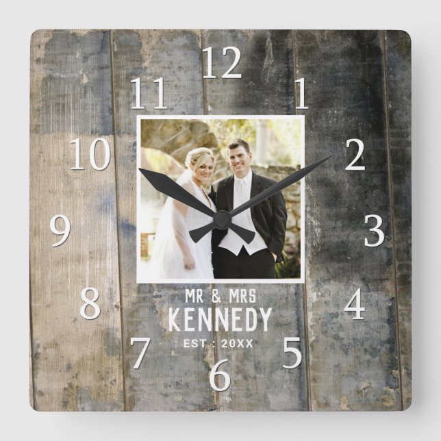 Horloge Carrée Anniversaire du Mariage rustique Photo Sardé Bois (Recto)