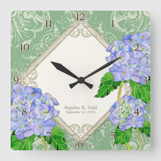 Horloge Carrée Anniversaire Mariage de Diamond Swirl Blue Hydrang (Recto)