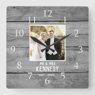 Horloge Carrée Anniversaire Mariage personnalisé Photo Bois rusti