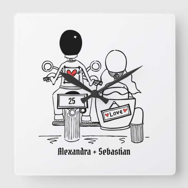 Horloge Carrée Anniversaire personnalisé de la moto et de Sidecar (Recto)