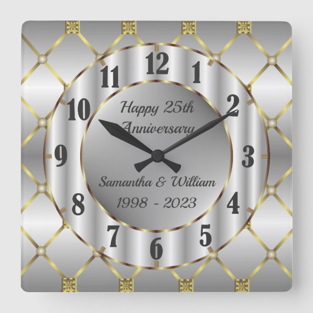 Horloge Carrée Anniversaire Unique En Argent Or Et Mariage Noir (Recto)