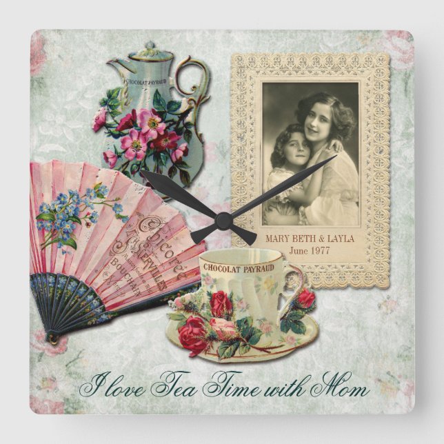 Horloge Carrée Antique Ornate Floral Cup Teapot Fan Lace Frame (Recto)