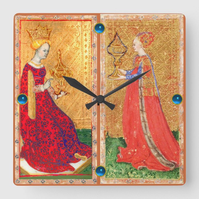HORLOGE CARRÉE ANTIQUE RENAISSANCE TAROTS/MAID AND QUEEN OF CUPS (Recto)