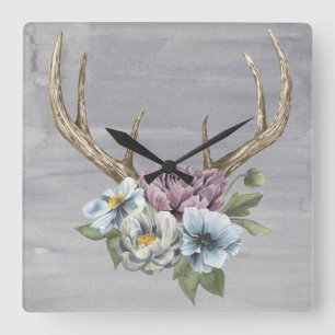 Horloge Carrée Antlers floraux de cerfs