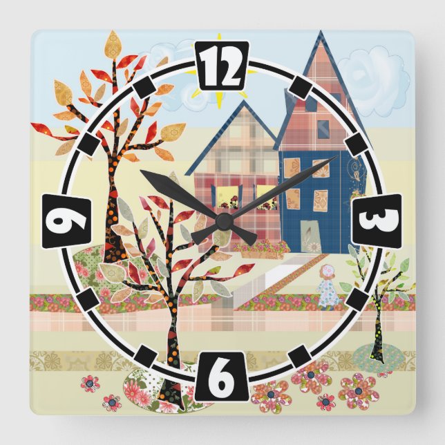 Horloge Carrée Applique, maisons, village (Recto)