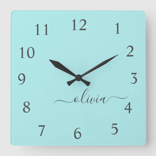 Horloge Carrée Aqua Blue Script Turquoise Monogramme Nom de la fi (Recto)