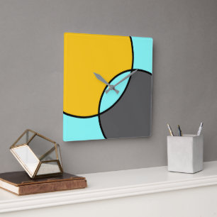 Horloge Carrée Aqua Cercles noirs gris jaune gris jaune  