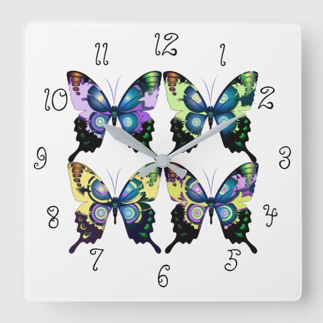 Horloge Carrée Aqua, Rose et Jaune -  Papillons Élégants (Recto)