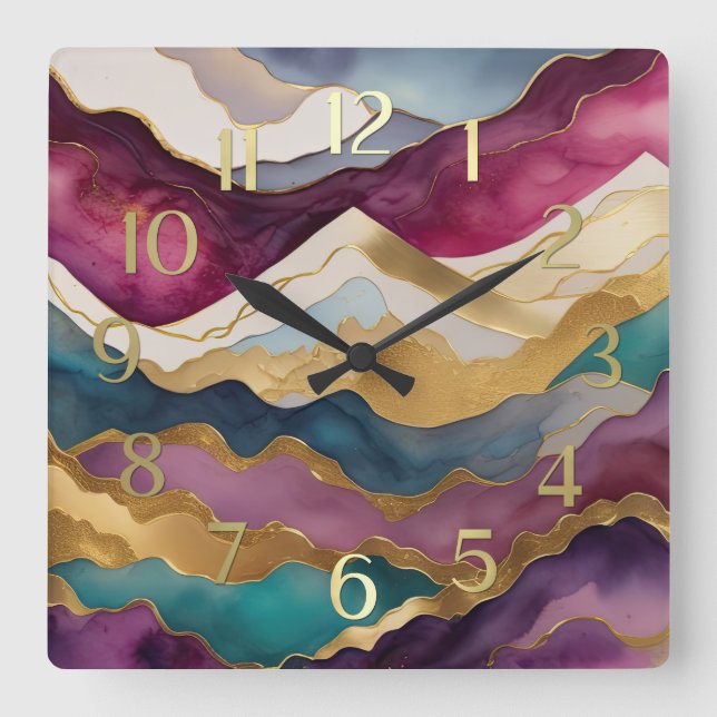 Horloge Carrée Aquarelle Abstraite peinture de paysage or (Recto)