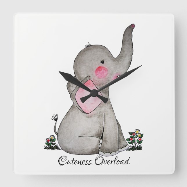 Horloge Carrée Aquarelle Bébé Eléphant Couleur Bébé Avec Flush &  (Recto)
