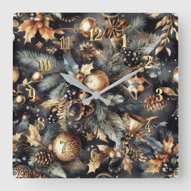 Horloge Carrée Aquarelle Black Gold Motifs de Noël (Recto)