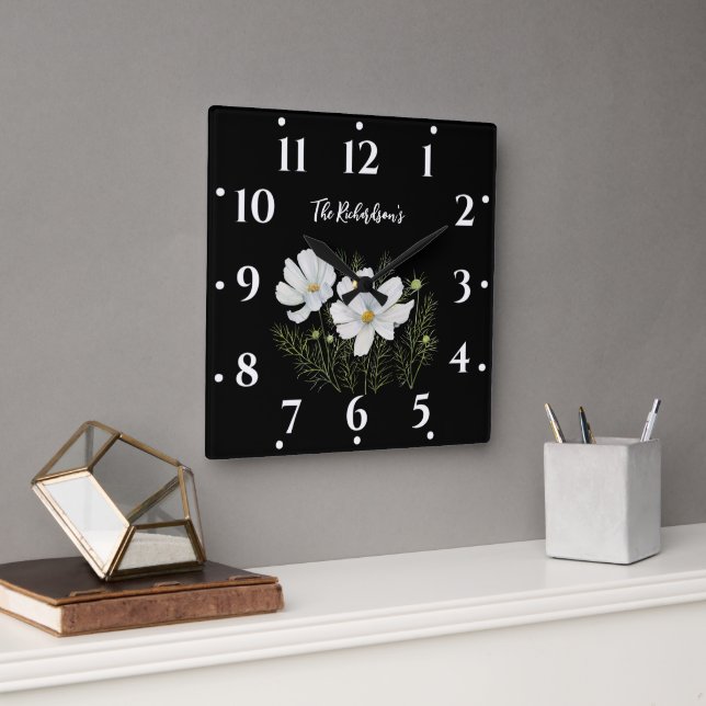 Horloge Carrée Aquarelle Blanc Cosmos Fleurs Peinture Botanique (Bureau)