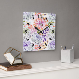 Horloge Carrée Aquarelle blanche, fleurs roses
