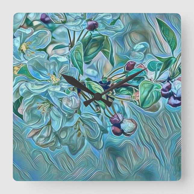 Horloge Carrée Aquarelle blanche moderne bleu vert cerisier (Recto)