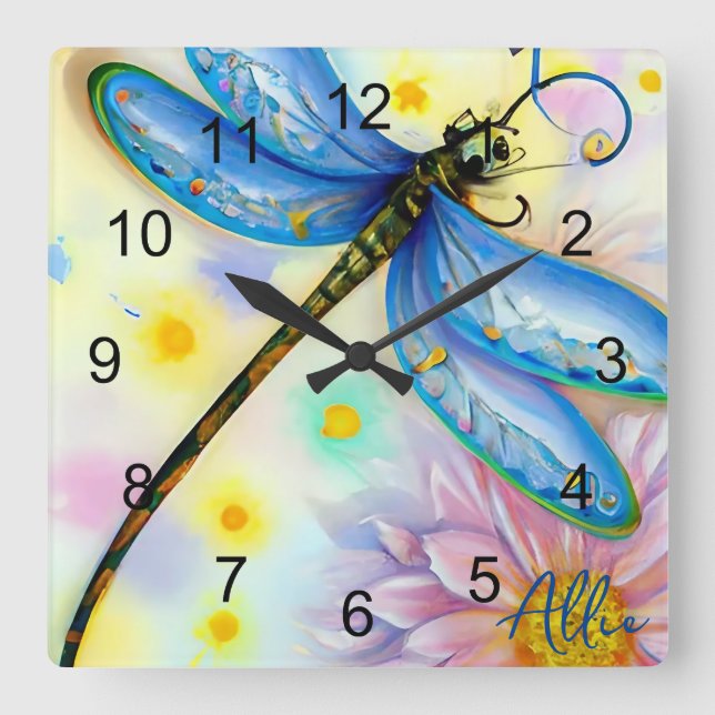 Horloge Carrée Aquarelle Bleu Dragonfly, Personnaliser (Recto)