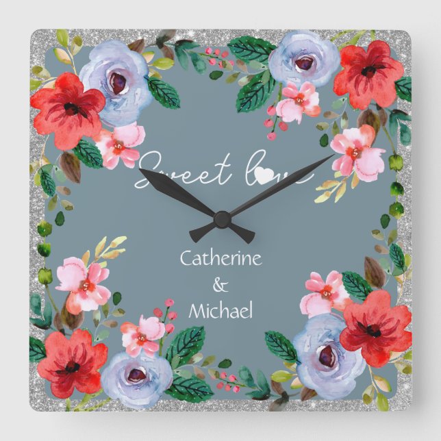 Horloge Carrée Aquarelle bleu Dusty Parties scintillant argent Fl (Recto)