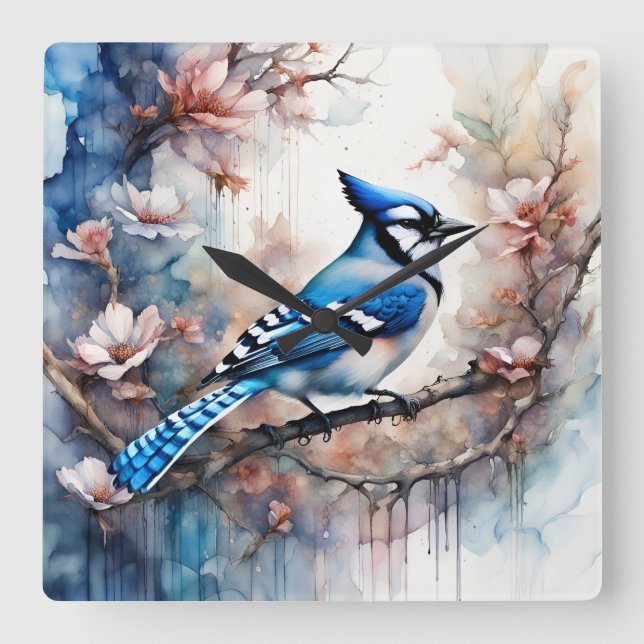 Horloge Carrée Aquarelle bleu Jay Cherry Blossoms (Recto)