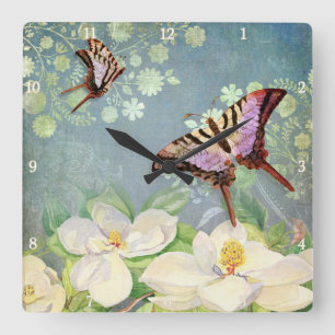 Horloge Carrée Aquarelle bleue Vintage à papillon Magnolia