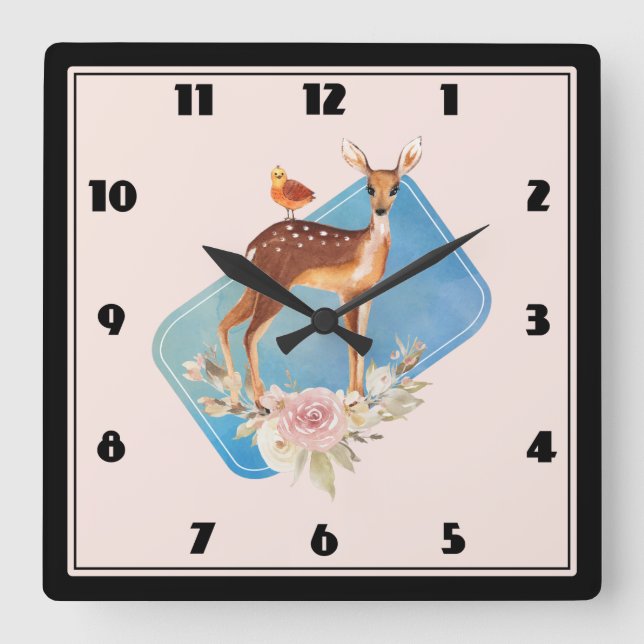 Horloge Carrée Aquarelle Brown mignonne Cerf Rustique (Recto)