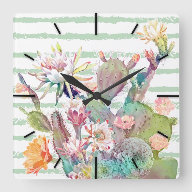 Horloge Carrée Aquarelle cactus, motifs floraux et rayures (Recto)