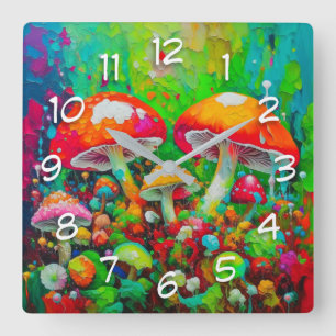 Horloge Carrée Aquarelle Champignons Abstraits