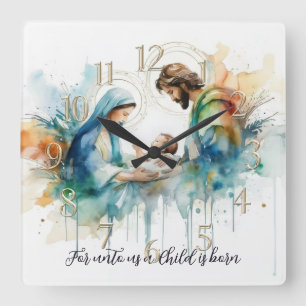 Horloge Carrée Aquarelle colorée Sainte Famille
