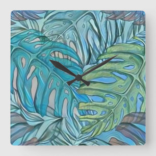 Horloge Carrée Aquarelle couleur bleu vert tropical feuille