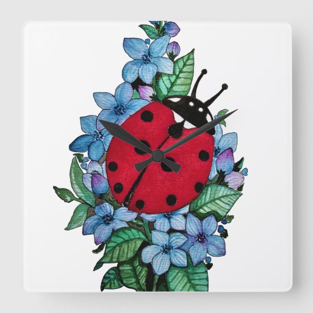 Horloge Carrée Aquarelle Cute Ladybird Avec Fleurs Bleues Sauvage (Recto)