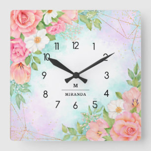 Horloge Carrée Aquarelle de monogramme Vert floral Géométrique 