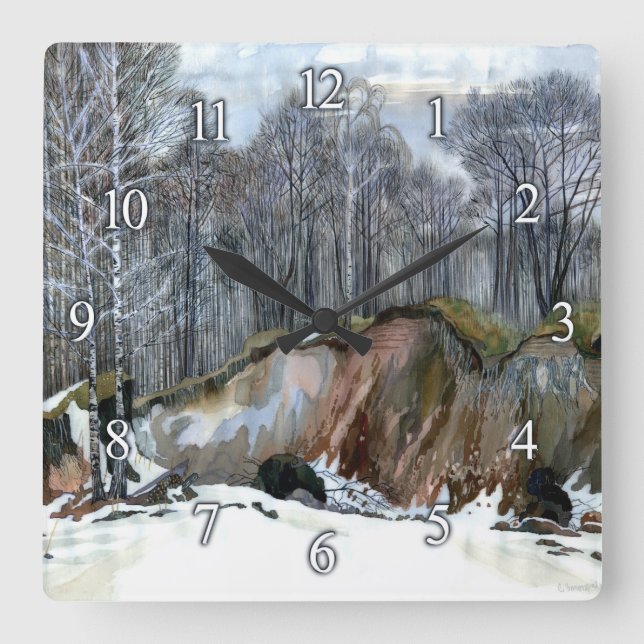Horloge Carrée Aquarelle de peinture de ravin neigeux (Recto)