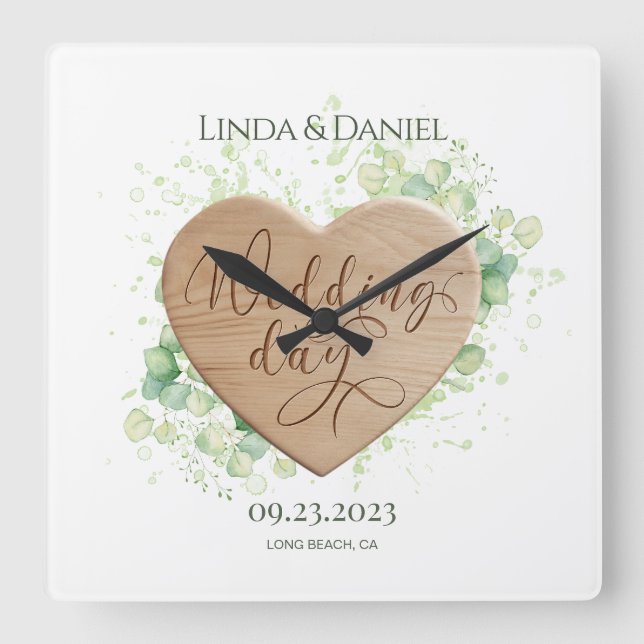 Horloge Carrée Aquarelle du coeur en bois Eucalyptus Mariage rust (Recto)