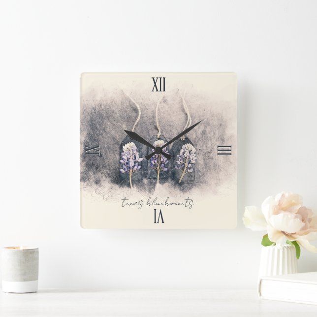 Horloge Carrée Aquarelle esquissée Bluebonnet Trio (Maison)