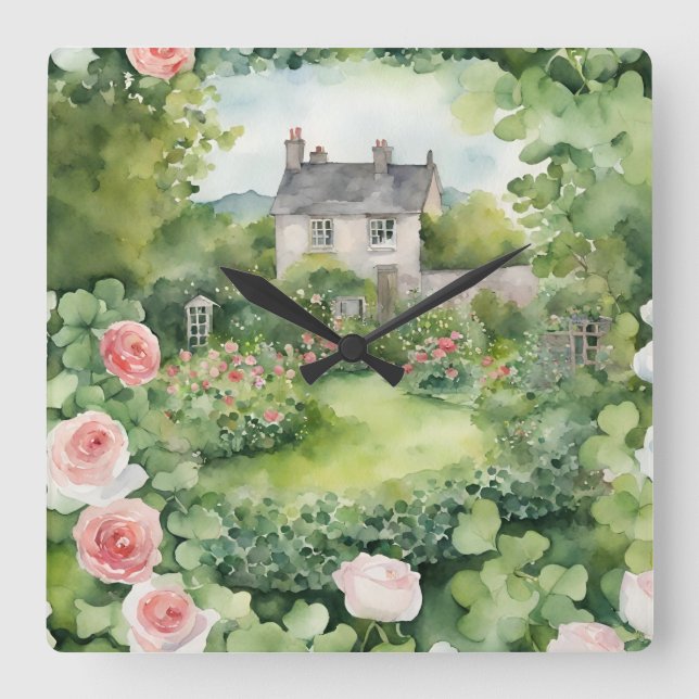 Horloge Carrée Aquarelle esthétique Irish Village Rose de chalet (Recto)