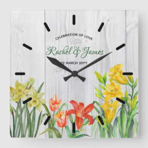 Horloge Carrée Aquarelle Fleurs de printemps Art Floral