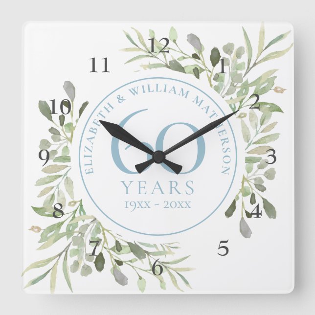 Horloge Carrée Aquarelle florale du 60e anniversaire (Recto)