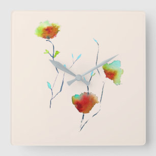 Horloge Carrée Aquarelle florale moderne d'art Abstrait
