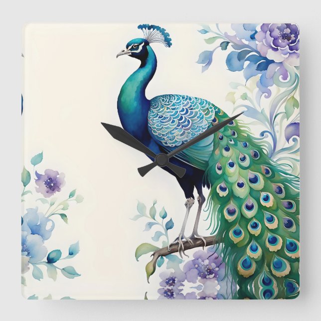 Horloge Carrée Aquarelle florale Peacock (Recto)