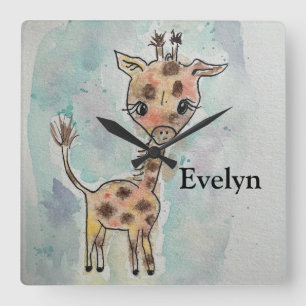 Horloge Carrée Aquarelle Giraffe Nom de la main tiré