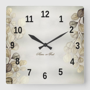 Horloge Carrée Aquarelle Golden Eucalyptus Foliage brillant éléga