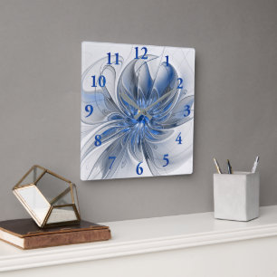 Horloge Carrée Aquarelle gris bleu Abstrait Fractal Art Flower