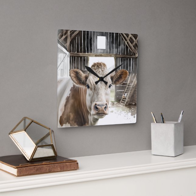 Horloge Carrée Aquarelle Hereford Vache dans la grange (Bureau)