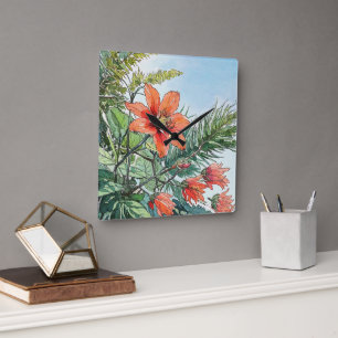 Horloge Carrée Aquarelle illustrée Botanique Orange Floral