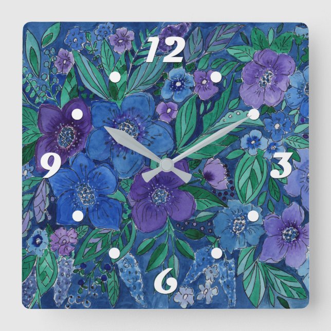 Horloge Carrée Aquarelle, jardin fleuri (Recto)