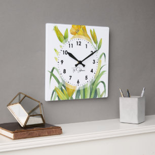Horloge Carrée Aquarelle Jaune Lys Fleur Illustration