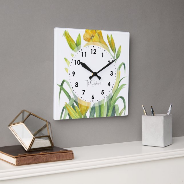 Horloge Carrée Aquarelle Jaune Lys Fleur Illustration (Bureau)