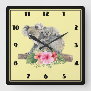 Horloge Carrée Aquarelle Koala Oears mignonne maman & bébé